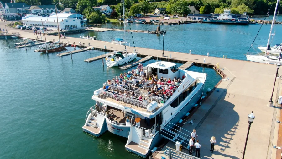 An Apostle Islands Cruise is loaded up at its dock in the Bayfield Marina.