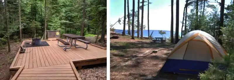 Two campsites on Stockton Island. The left has a deck, with a fire pit in the center. The right has views of Lake Superior and a tent is visible in a forest