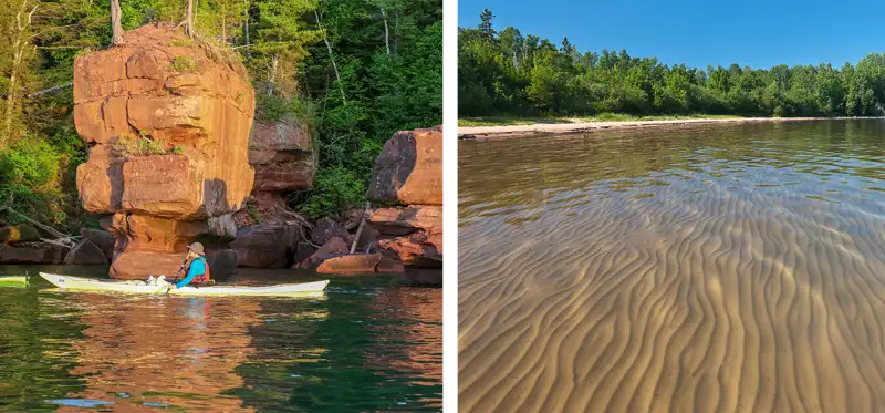 2 Photos of Stockton Island in the Apostle Islands. On the left, a kayaker paddles past a rock formation. On the right, a tranquil sandy bay beach.